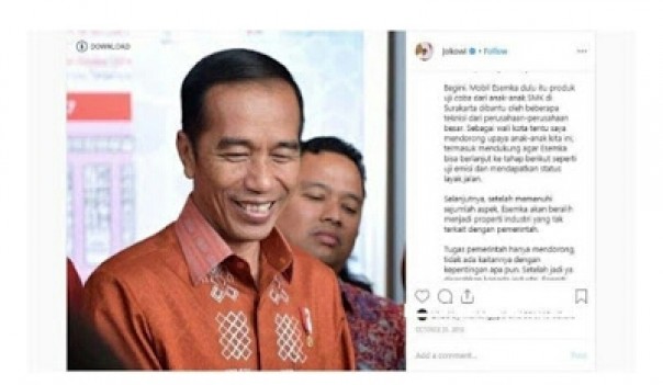 Jokowi menyebutkan bahwa produksi mobil Esemka kini berada di tangan industri, bukan pemerintah. (ig @jokowi)