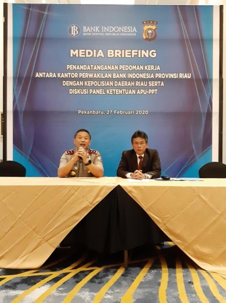 Media breafing nota kesepahaman pedoman kerja antara BI Riau dengan Polda Riau, pada Kamis (27/2/2020).