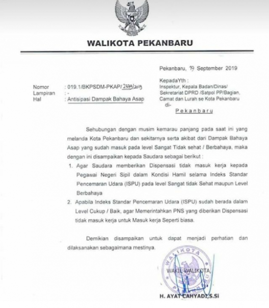 Surat edaran nomor 019.1/BKPSDM-PKAP/2339/2019 Himbauan dari Wakil Walikota Pekanbaru Ayat Cahyadi