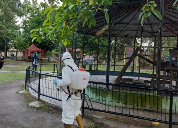 Penyemprotan disinfektan di Kasang Kulim Kampar oleh tim Balai Besar KSDA Riau pada Minggu (5/4/2020).