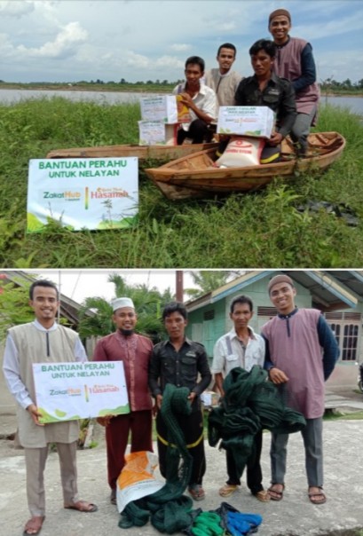 Yayasan Baitul Maal Hasanah menyalurkan dua unit perahu beserta perlengkapan alat untuk menangkap ikan kepada dua nelayan sungai dan pesisir laut di Provinsi Riau, Ahad (8/3/2020)